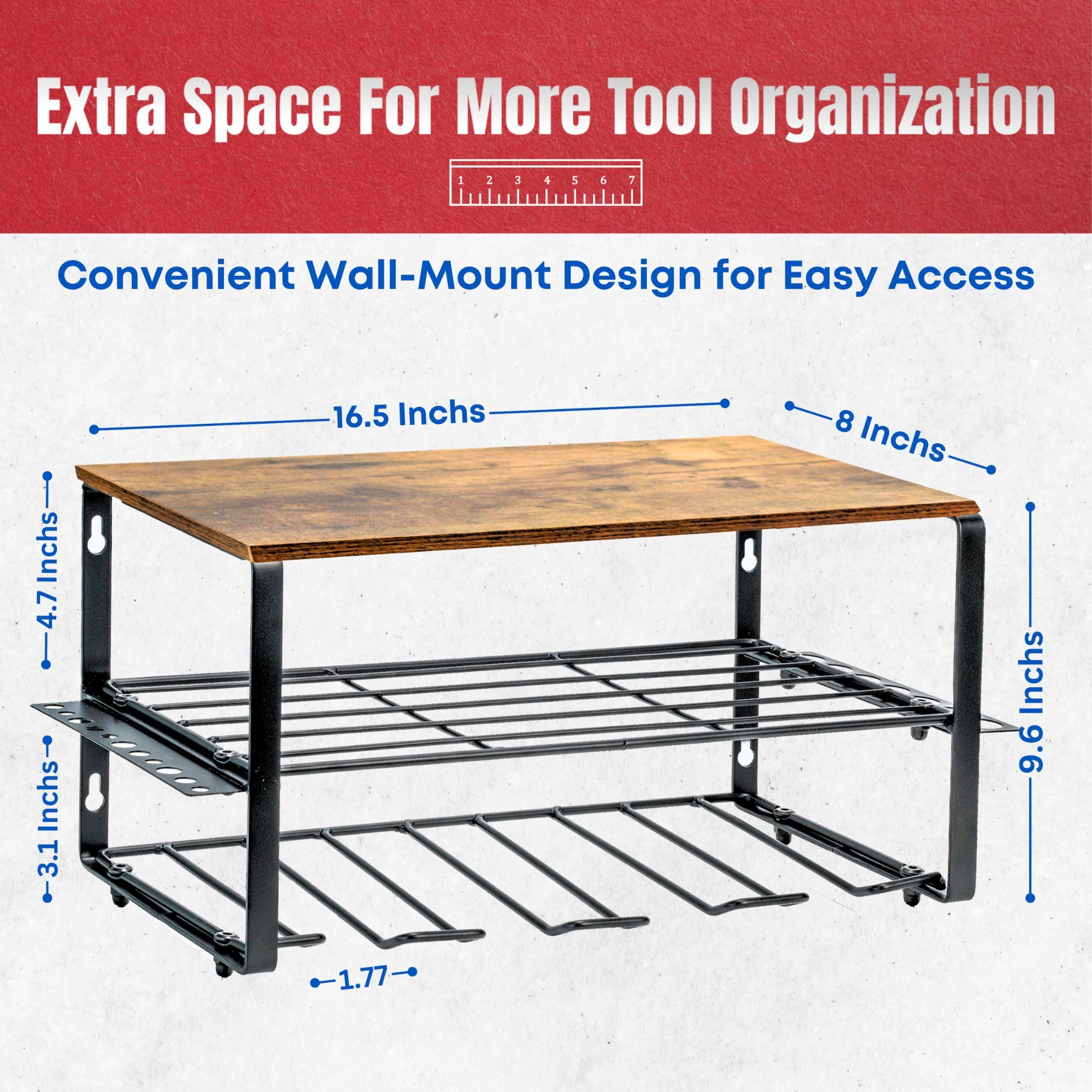 HomeBoo Power Tool Organizer, 4 Power Drill Holder Wall Mount, 3 Layers Heavy Duty Rack WOOD Top Shelf, Garage Tool Organizer, Garage Storage Shelf, Father Day Gift