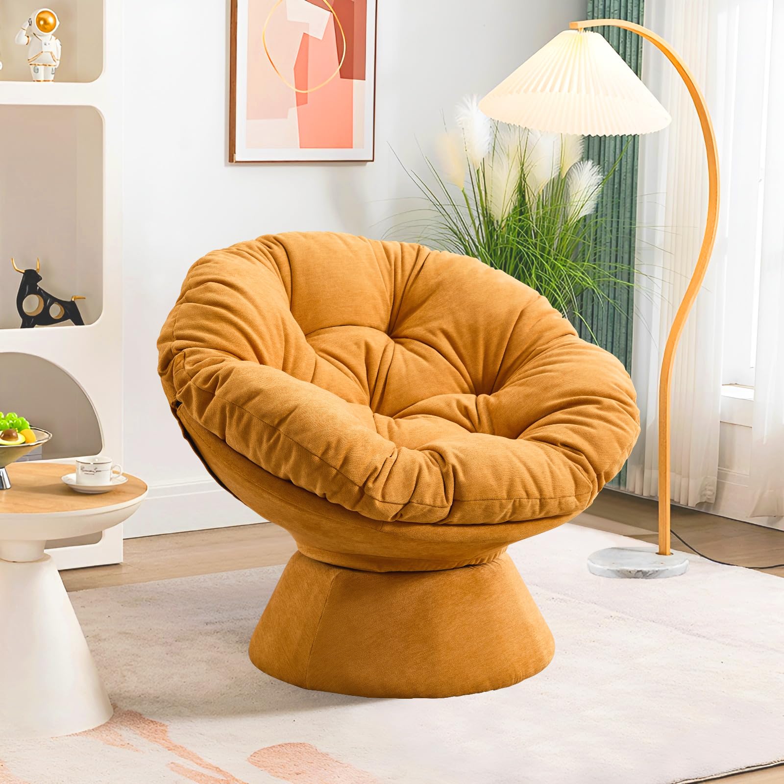 Papasan Chair,Papasan Chair with Cushion and Frame,Comfy Chenille Upholstered Round Reading Chair,Oversized 360° Swivel Accent Chair with Metal Base Lazy Chair for Bedroom,Living Room,Orange