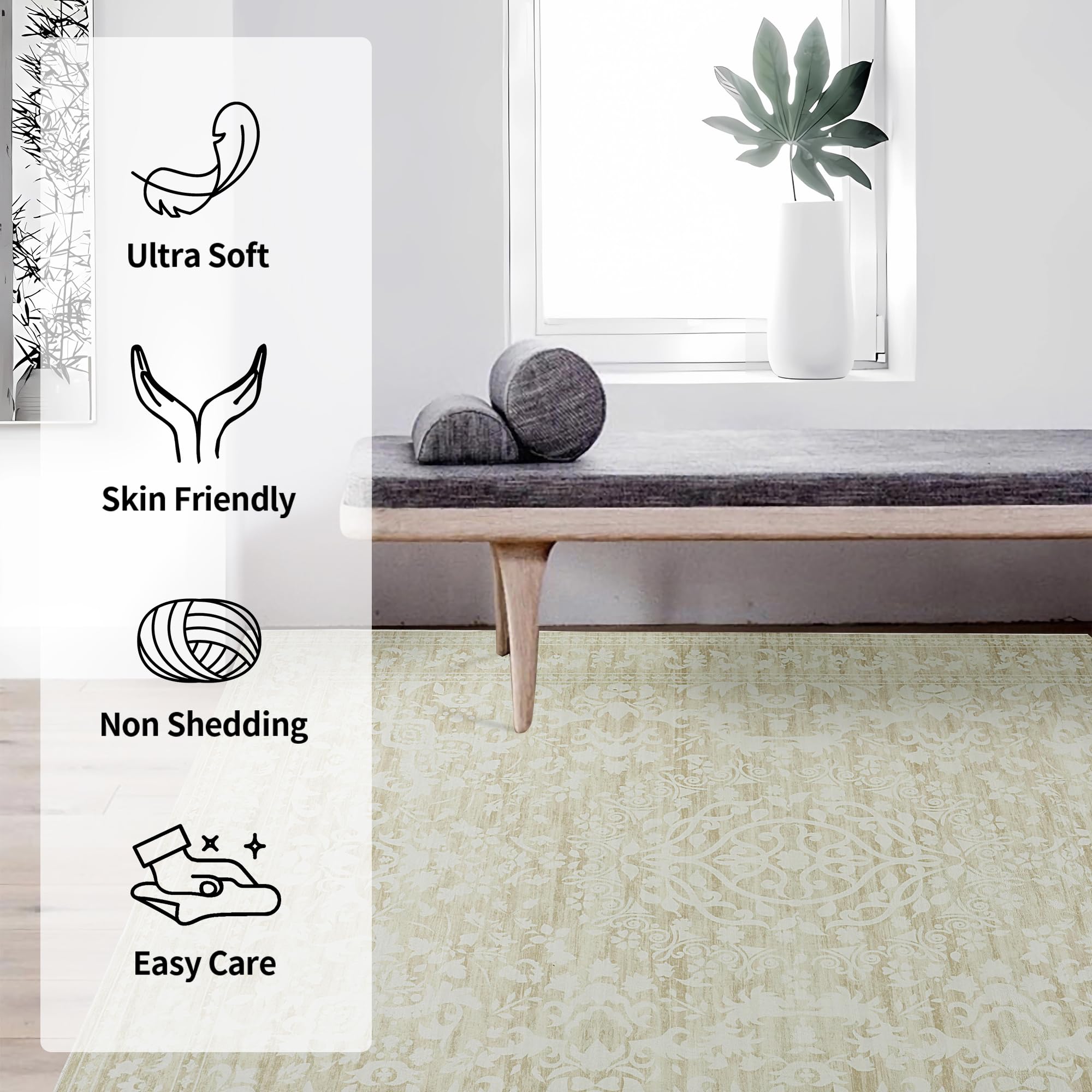 HOMBYS 10x14 Neutral Floral Area Rug for Living Room Bedroom, Large Boho Floor Carpet with Non-Slip Backing for Indoor, Traditional Home Deco Non-Shedding, Khaki, Machine Washable