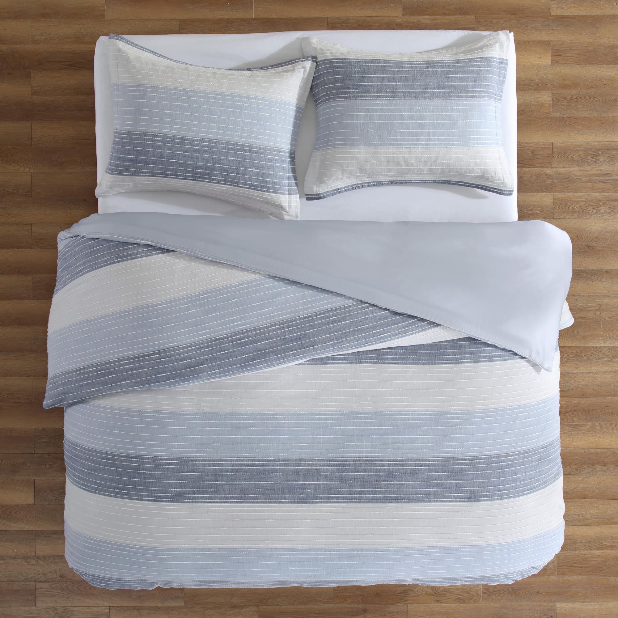 Levtex Home - Sand Stripes Blue Duvet Cover Set - King Duvet Cover (106 x 94in.) + Two King Pillow Shams (36 x 20in.) - Jaquard Stripe - Grey, Chambray, Blue, White - Cotton