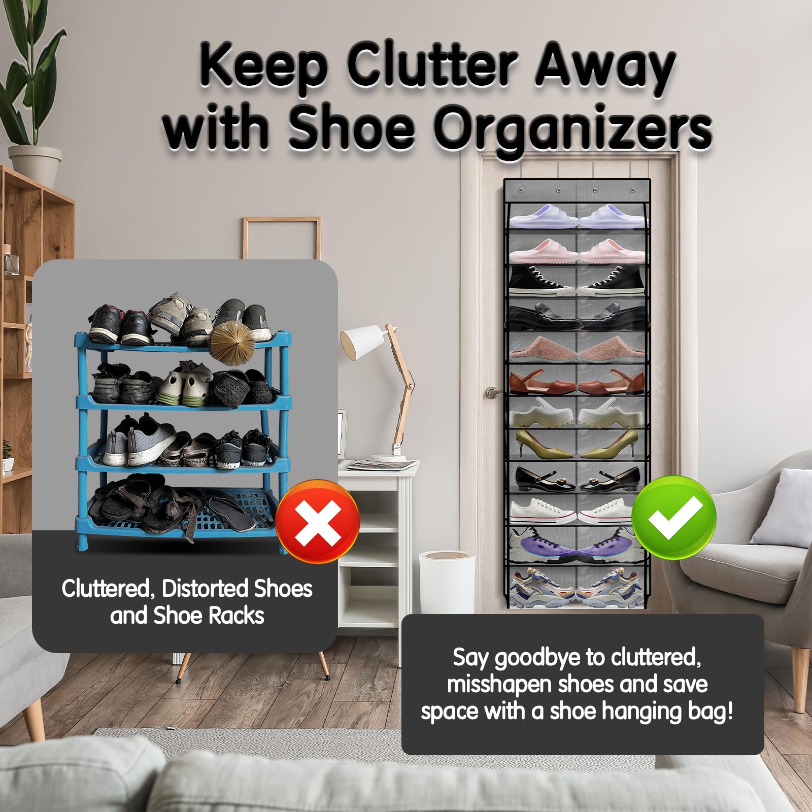 Kotkn Over the Door Hanging Shoe Organizer, 12 Slotted Clear Large Pockets, Hanging Hanging Shoe Organizer, Reusable - Shoe Organizer. Shoe organizer shoe rack for adults, children, babies (Gray)