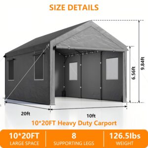 SANWAY 10'x20' Heavy Duty Carport with Removable Sidewalls & Doors, Portable Garage with Roll-up Ventilated Windows, Gray