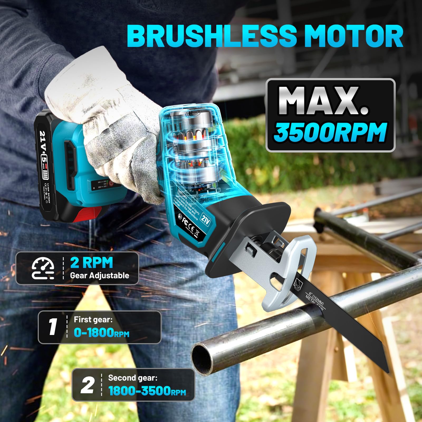 Reciprocating Saw Cordless, Sawzall Cordless with 2 x 2.0Ah Batteries, 3500RPM Brushless Power, LED Light, Tool-free Blade Change 8 Saw Blades Portable Reciprocating Saw for Wood PVC Cutting