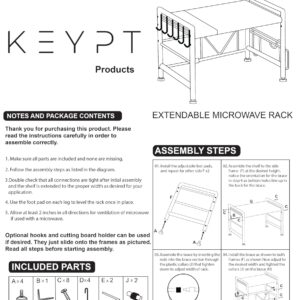 KEYPT Extendable Microwave Oven Rack - Adjustable Kitchen Counter Shelf, 2 Tier Microwave Stand with 6 Hooks for Kitchen Countertop Organizer (Black) Microwave Shelf with Cutting Board Attachment