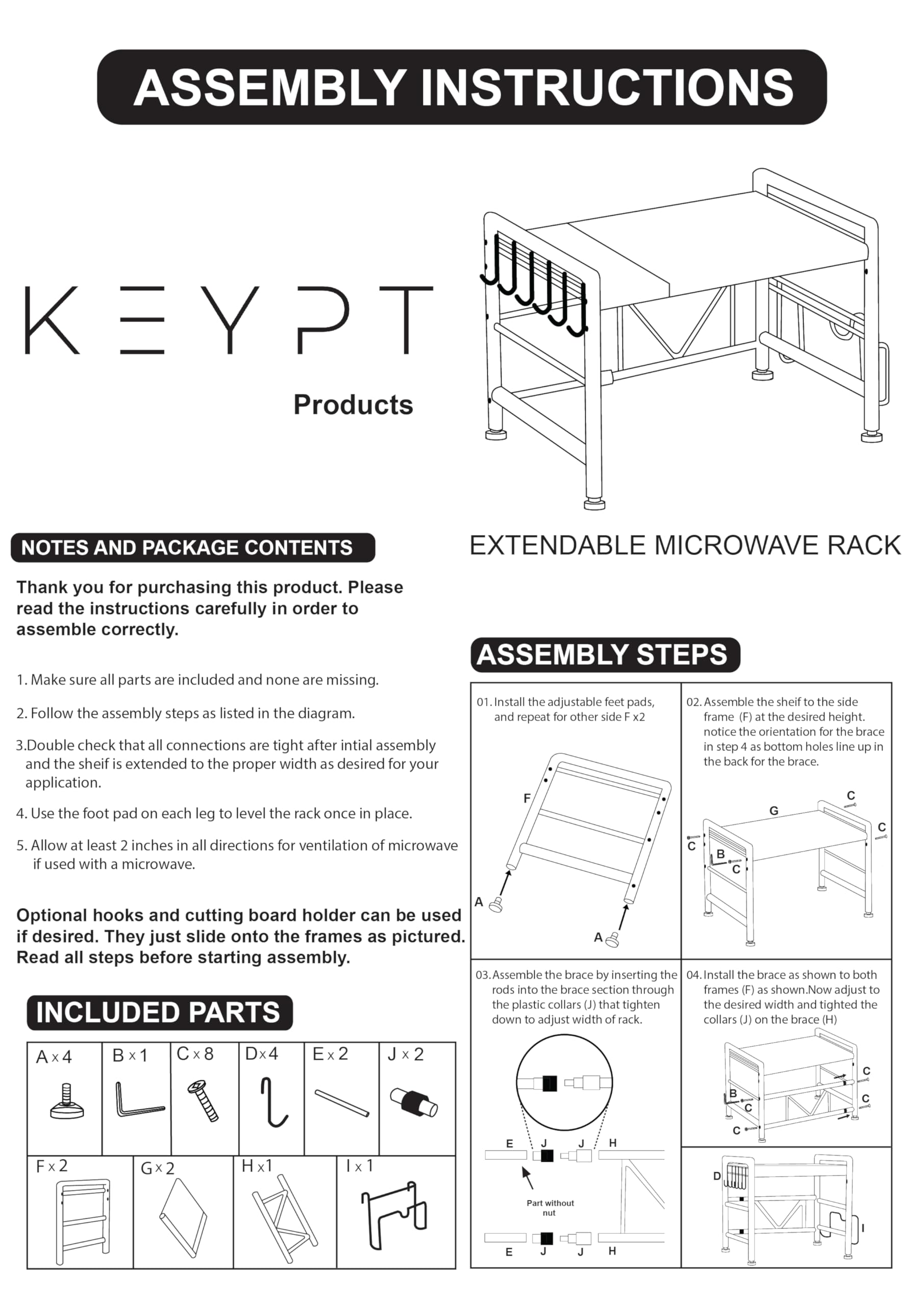 KEYPT Extendable Microwave Oven Rack - Adjustable Kitchen Counter Shelf, 2 Tier Microwave Stand with 6 Hooks for Kitchen Countertop Organizer (Black) Microwave Shelf with Cutting Board Attachment