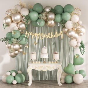 sage green birthday party decorations with happy birthday banner green fringe curtain butterfly decorations foil balloons happy birthday decorations for women adults