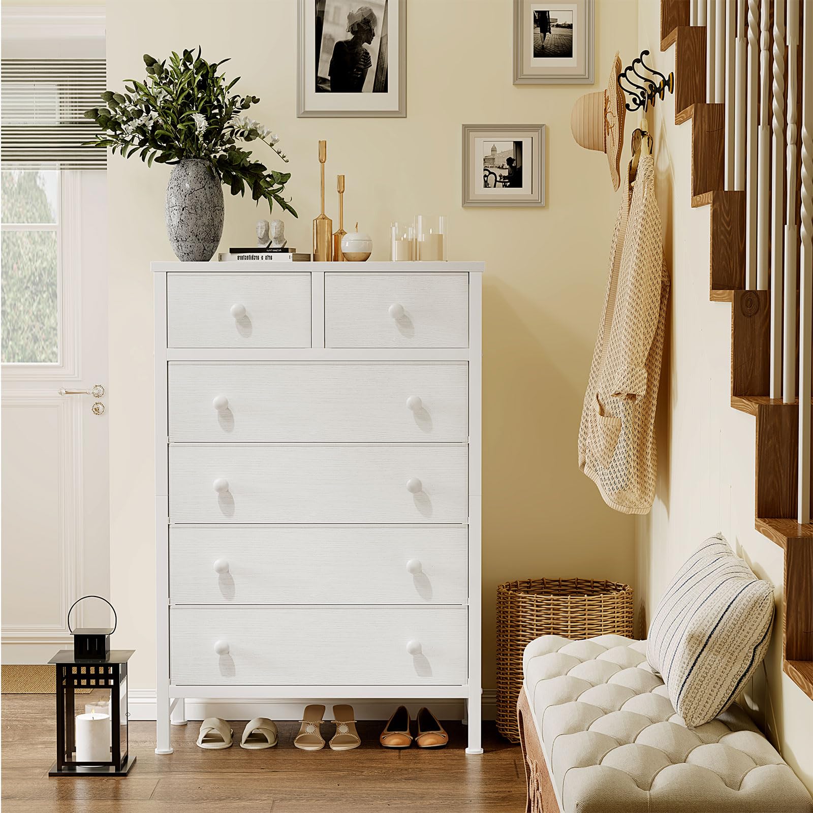 BOLUO White Chest of Drawers for Bedroom Dresser with 6 Drawer Fabric Dressers for Closet Girls Modern