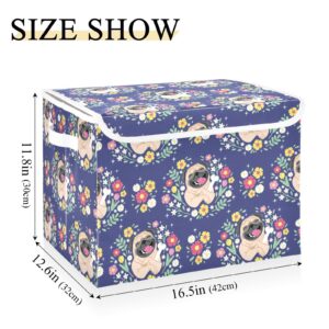 Doterii Cute Pug Dog and Flowers Storage Bin with Lid Fabric Foldable Cube Baskets Closet Toy Organizer