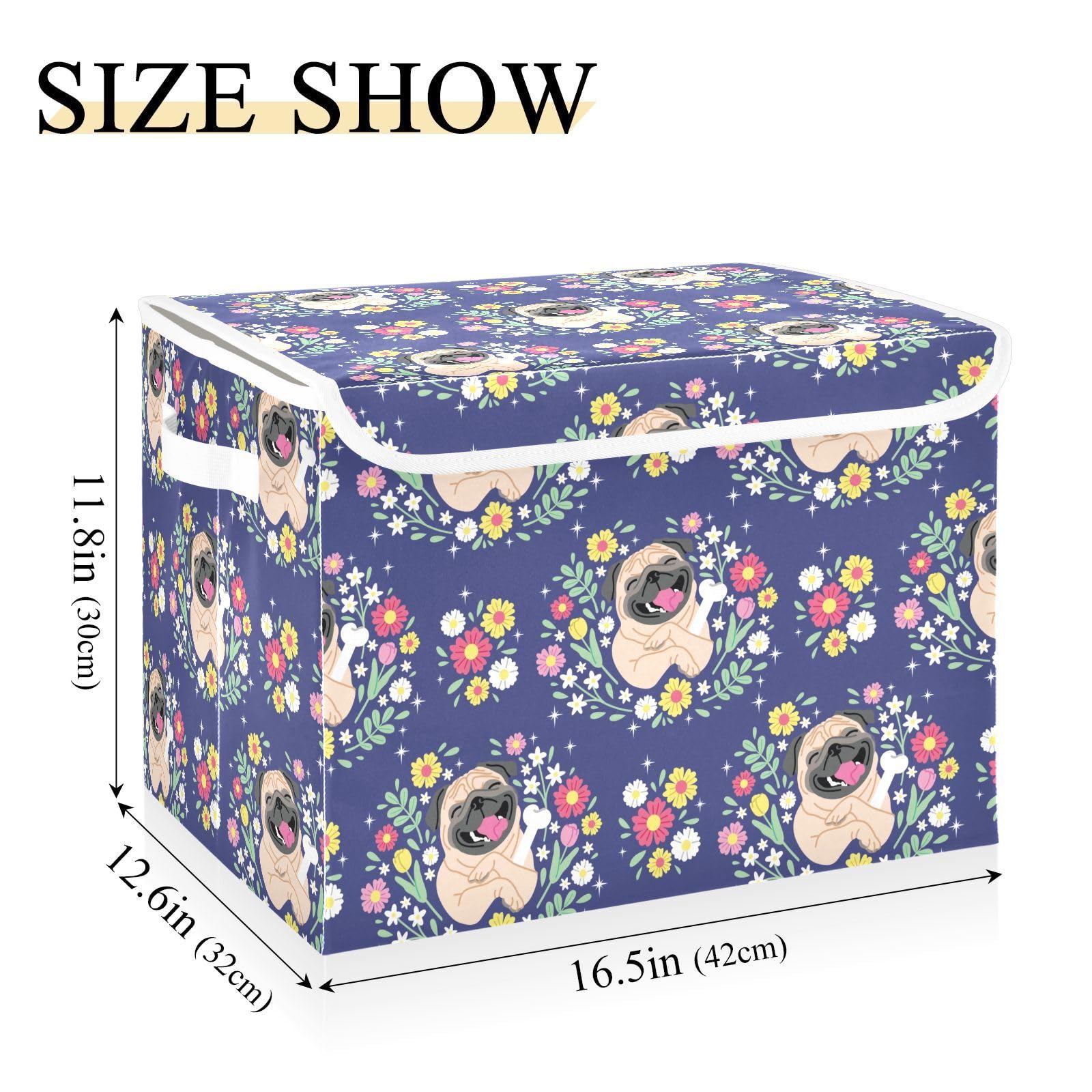 Doterii Cute Pug Dog and Flowers Storage Bin with Lid Fabric Foldable Cube Baskets Closet Toy Organizer