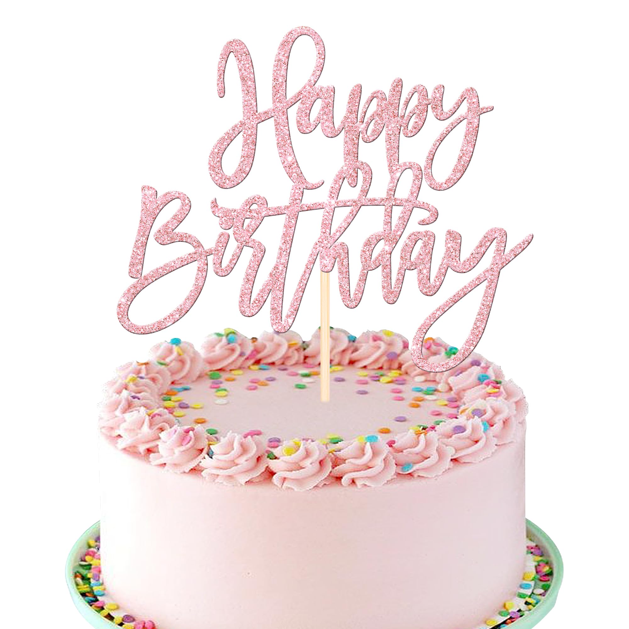 1 PCS Happy Birthday Cake Topper Glitter Happy Birthday Cake Pick for Celebrating Happy Birthday Anniversary Theme Party Cake Decorations Supplies Light Pink