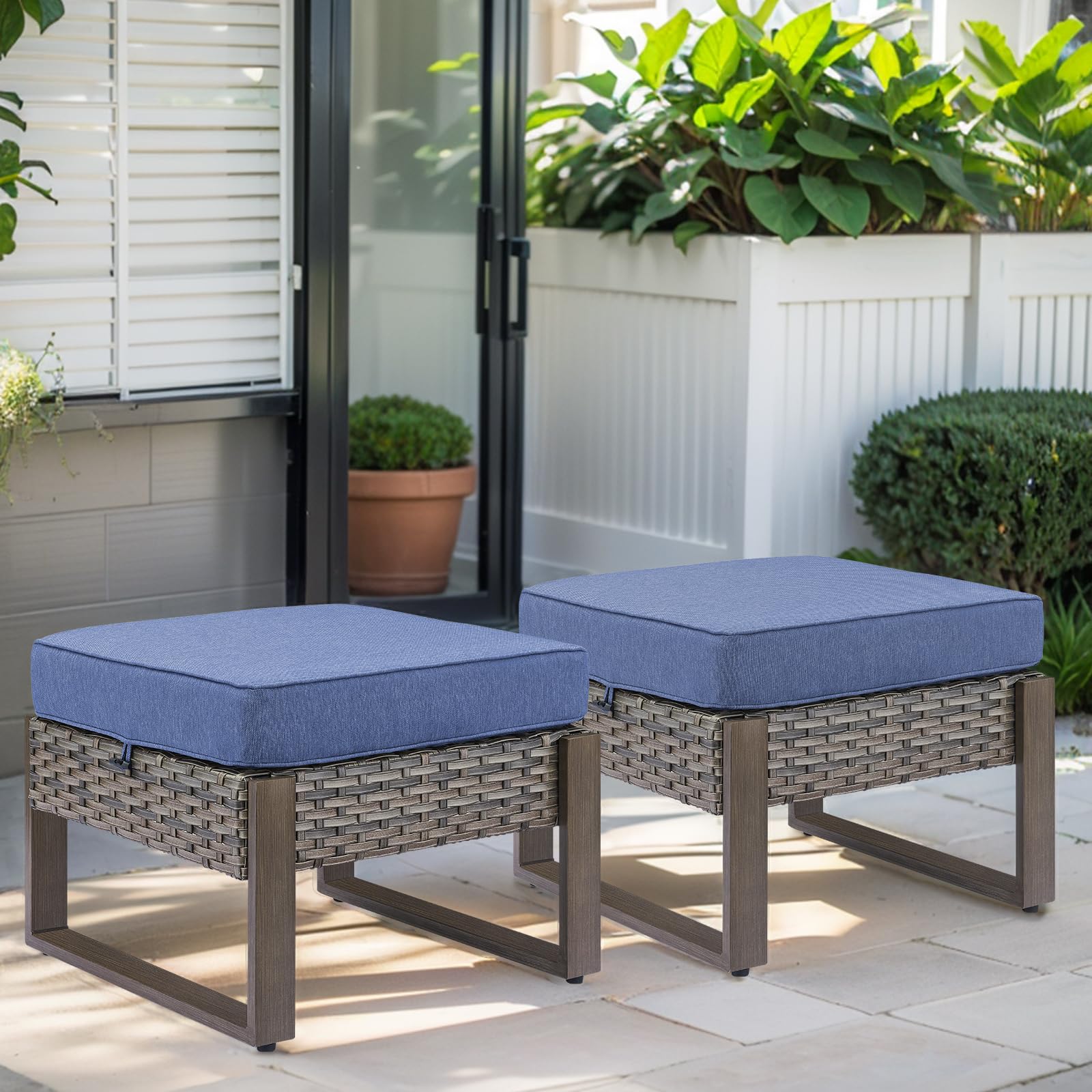 HUMMUH Patio Ottomans Outdoor Foot Rest-All Weather Rattan Outdoor Footstool with Removable Cover Cushions for Deck Porch Garden Balcony Poolside-Grey/Blue