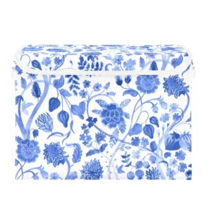 Doterii Blue Chinoiserie Blooming Flowers Storage Bin with Lid Fabric Foldable Cube Baskets Closet Toy Organizer