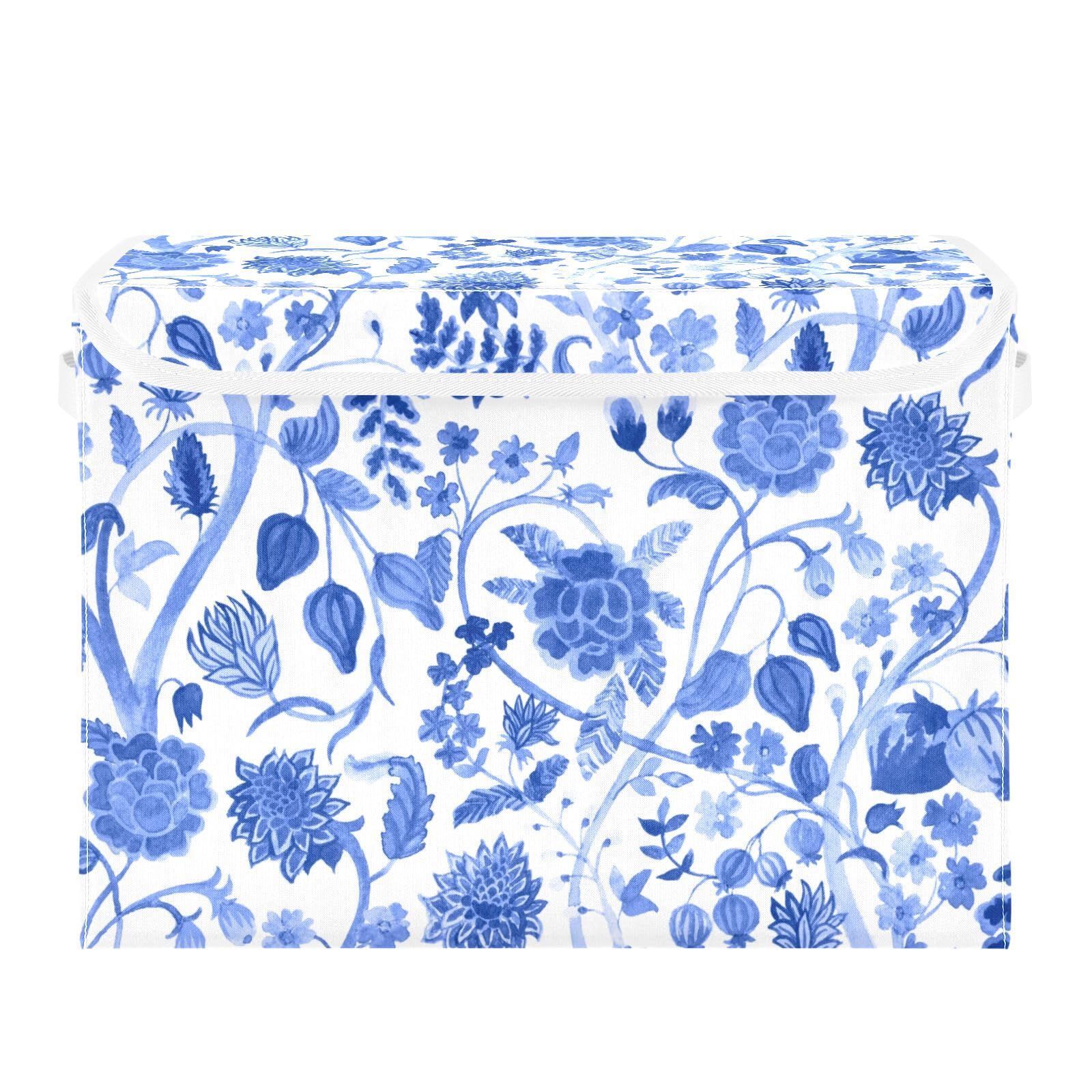 Doterii Blue Chinoiserie Blooming Flowers Storage Bin with Lid Fabric Foldable Cube Baskets Closet Toy Organizer