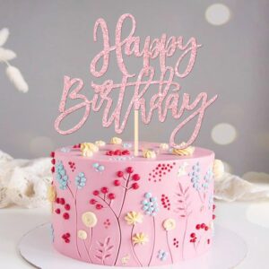 1 PCS Happy Birthday Cake Topper Glitter Happy Birthday Cake Pick for Celebrating Happy Birthday Anniversary Theme Party Cake Decorations Supplies Light Pink