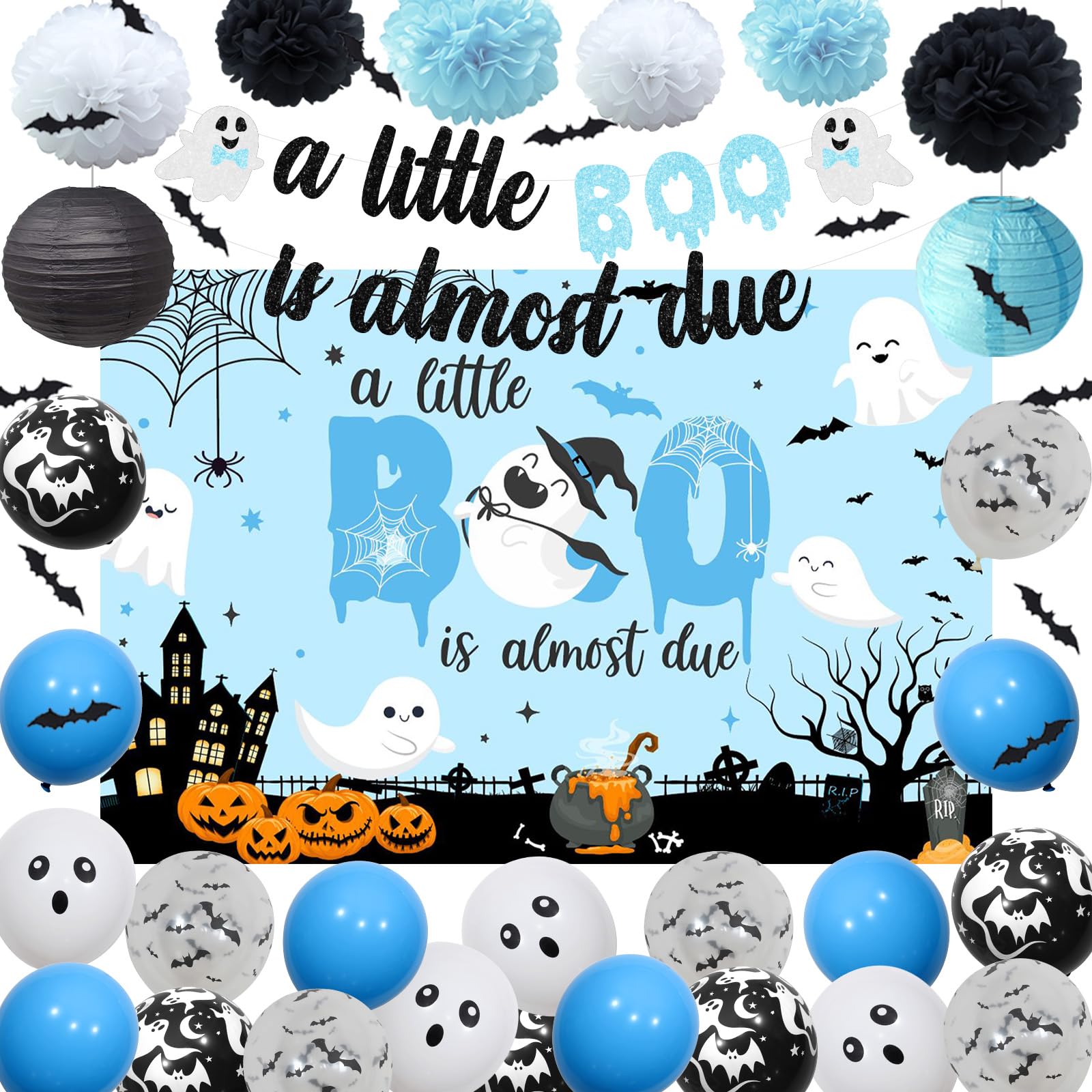 JOYMEMO Halloween Baby Shower Decorations Boy - A Little Boo is Almost Due Backdrop with Banner Blue and Black, Paper Lanterns Pom Poms, Bat Wall Stickers for Pregnancy Celebration Newborn Party