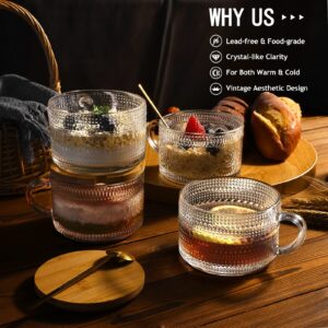 HAPTIME 4 Pcs Vintage Coffee Mugs - 14oz Clear Glass Tea Cups with Lids and Spoons - Ideal Iced Coffee Cups for Housewarming Gifts & Coffee Bar Accessories