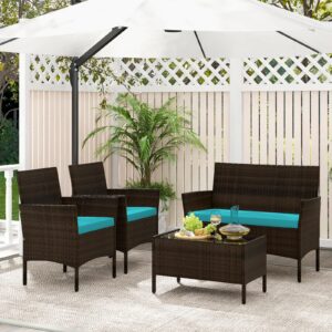 Tangkula 8 Piece Patio Rattan Conversation Set, Outdoor Wicker Furniture Set with Chair, Loveseat & Tempered Glass Table, Cozy Seat Cushions, Outside Sectional Sofa Set for Backyard (2,Turquoise)