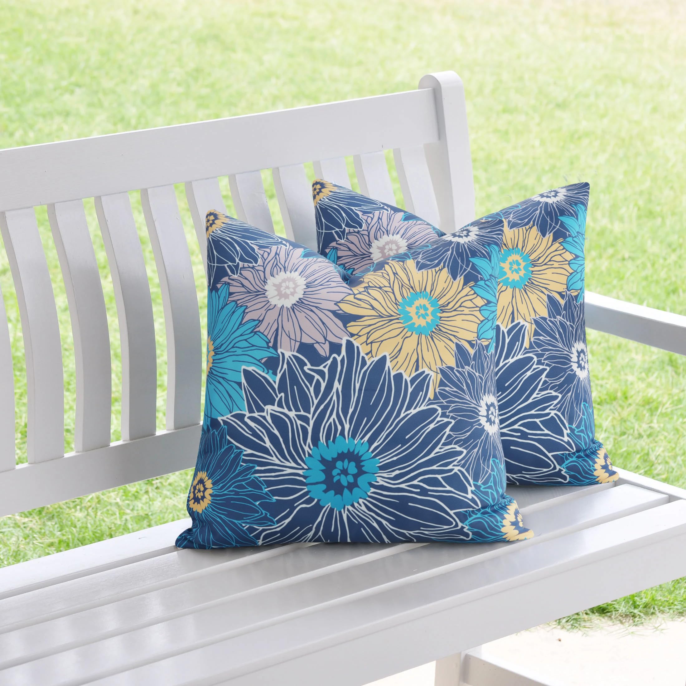 Adabana Outdoor Waterproof Pillow Covers 18x18 Inch Set of 2 Decorative Floral Throw Pillows Cover for Patio Garden Porch Navy Blue