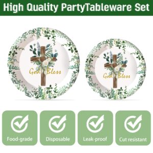 168Pcs God Bless Plates and Napkins Baptism Tableware Set First Holy Communion Party Decorations Mi Bautizo Eucalyptus Leaves Sage Paper Plates Christening Celebration Baby Shower Supplies,Serve 24