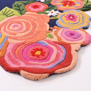 Handmade Colorful Roses Floral Wool Area Rug | Irregular Shape, Blossom & Vibrant Multi-Colored Garden Flower Pattern | Thick & Soft Carpet for Living, Bedroom & Kitchen Deco (Navy, 5' x 8')