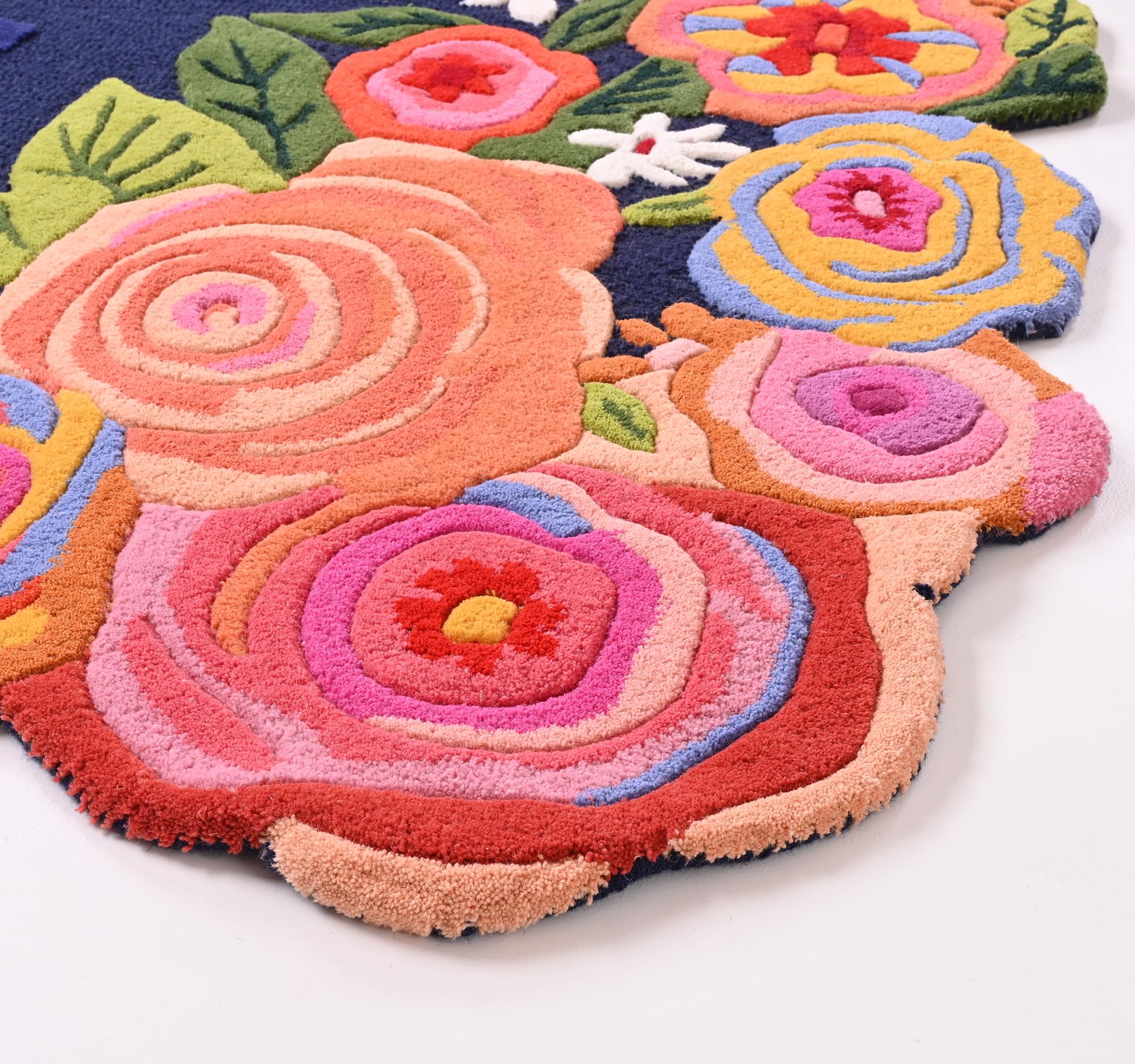 Handmade Colorful Roses Floral Wool Area Rug | Irregular Shape, Blossom & Vibrant Multi-Colored Garden Flower Pattern | Thick & Soft Carpet for Living, Bedroom & Kitchen Deco (Navy, 5' x 8')