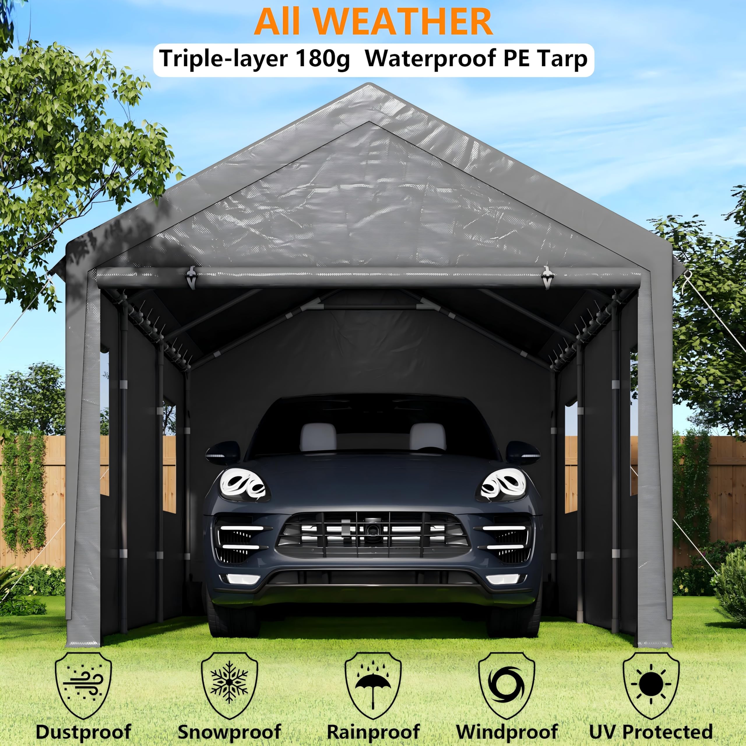 SANWAY 10'x20' Heavy Duty Carport with Removable Sidewalls & Doors, Portable Garage with Roll-up Ventilated Windows, Gray