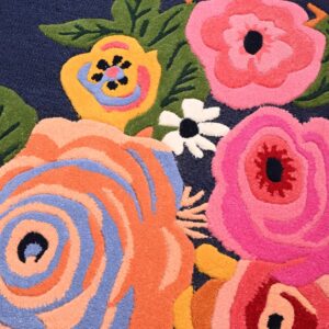 Handmade Colorful Roses Floral Wool Area Rug | Irregular Shape, Blossom & Vibrant Multi-Colored Garden Flower Pattern | Thick & Soft Carpet for Living, Bedroom & Kitchen Deco (Navy, 5' x 8')