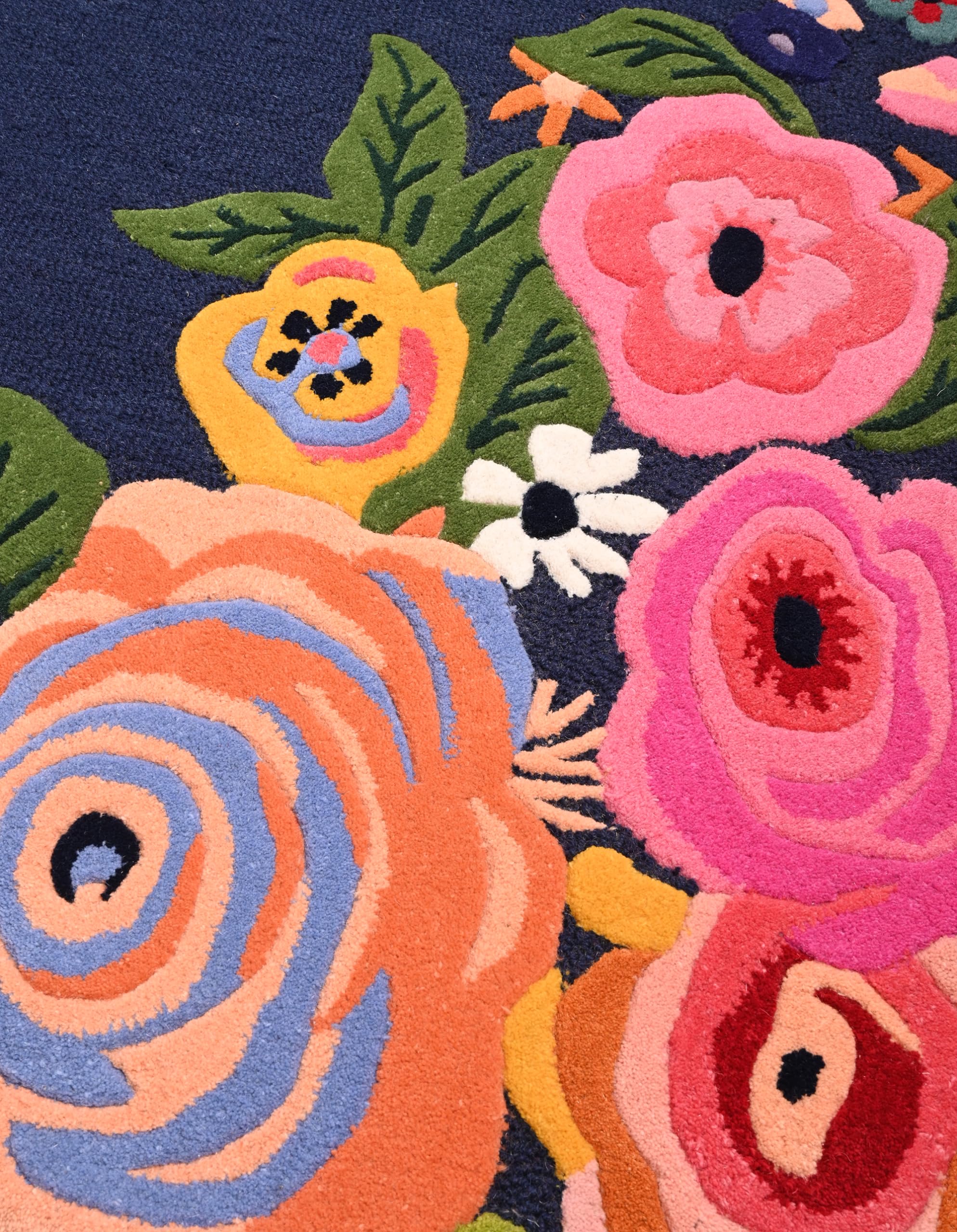 Handmade Colorful Roses Floral Wool Area Rug | Irregular Shape, Blossom & Vibrant Multi-Colored Garden Flower Pattern | Thick & Soft Carpet for Living, Bedroom & Kitchen Deco (Navy, 5' x 8')