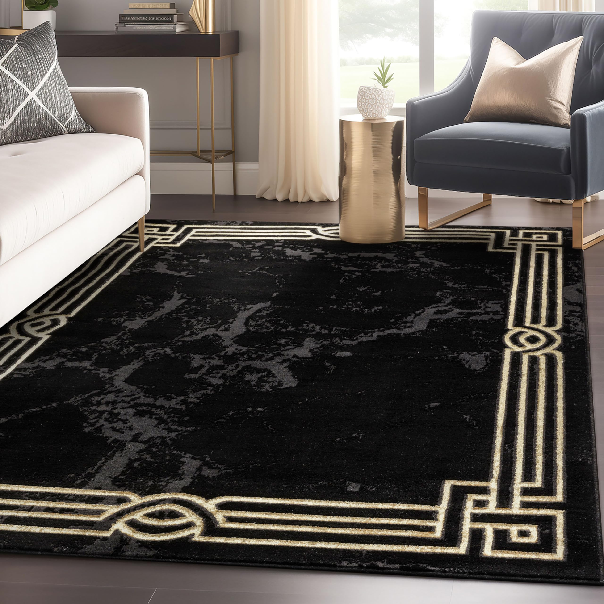 Well Woven Lezlee Abstract Modern 5'3" x 7'3" Area Rug Black Gold Marble Border - for Living Room, Dining Room, Bedroom