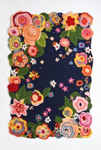 handmade colorful roses floral wool area rug | irregular shape, blossom & vibrant multi-colored garden flower pattern | thick & soft carpet for living, bedroom & kitchen deco (navy, 5' x 8')