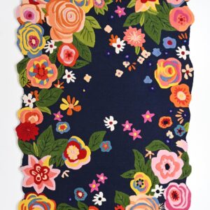 Handmade Colorful Roses Floral Wool Area Rug | Irregular Shape, Blossom & Vibrant Multi-Colored Garden Flower Pattern | Thick & Soft Carpet for Living, Bedroom & Kitchen Deco (Navy, 5' x 8')