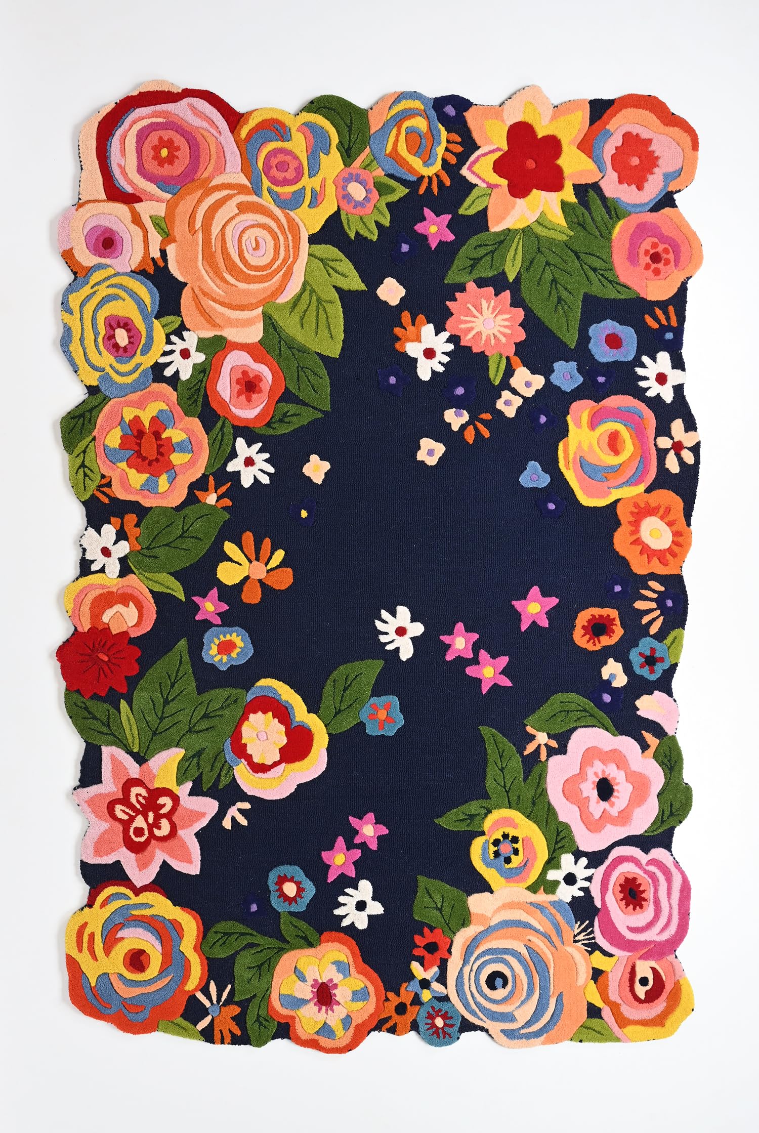 Handmade Colorful Roses Floral Wool Area Rug | Irregular Shape, Blossom & Vibrant Multi-Colored Garden Flower Pattern | Thick & Soft Carpet for Living, Bedroom & Kitchen Deco (Navy, 5' x 8')