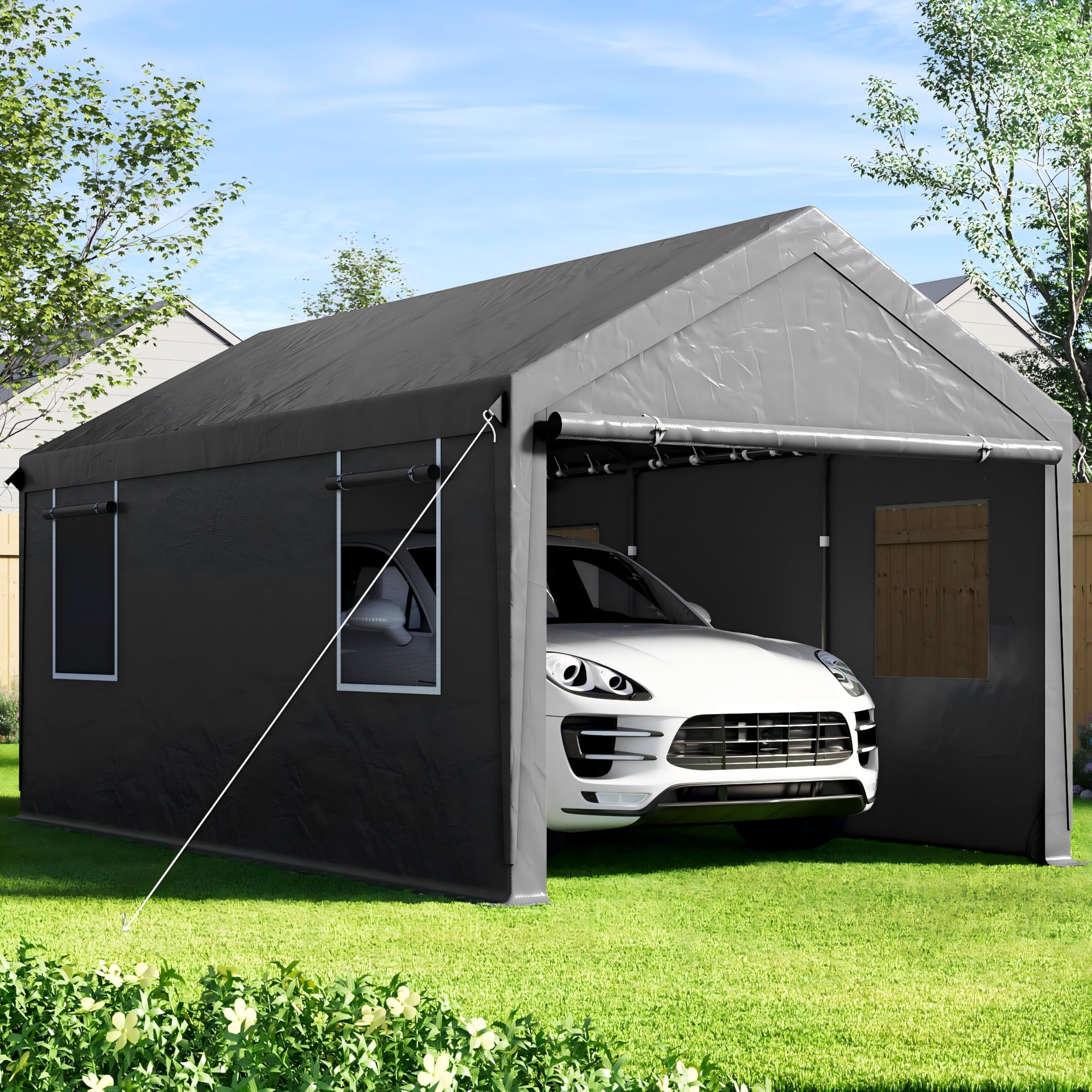 SANWAY 10'x20' Heavy Duty Carport with Removable Sidewalls & Doors, Portable Garage with Roll-up Ventilated Windows, Gray