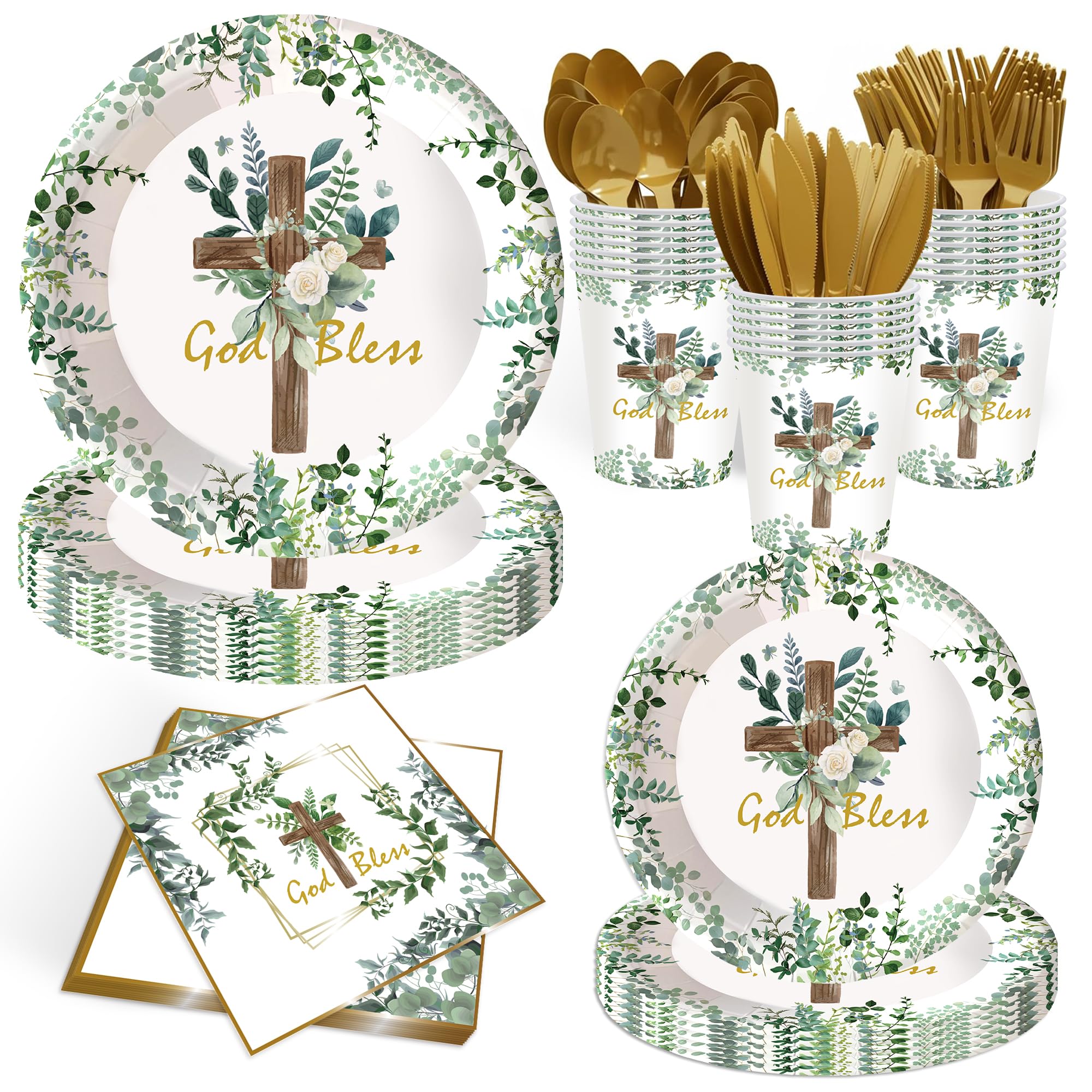 168Pcs God Bless Plates and Napkins Baptism Tableware Set First Holy Communion Party Decorations Mi Bautizo Eucalyptus Leaves Sage Paper Plates Christening Celebration Baby Shower Supplies,Serve 24