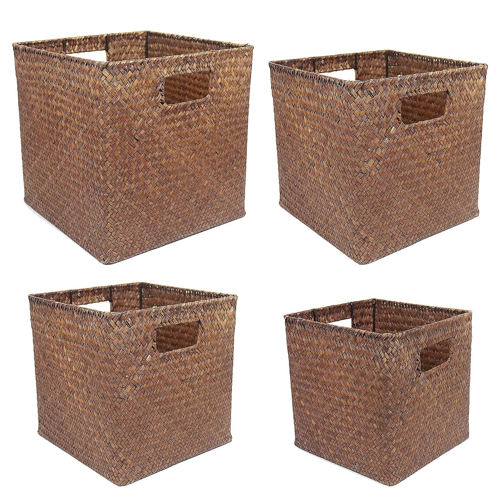 Ululusky Seagrass Basket Storage 10.5"x10.5" - 4 Pack Nesting Storage Baskets for Shelves,Wicker Woven Cube Storage Basket for Shelf 11.5"x11.5",Bedroom, Living Room,Laundry,Pantry,Shelves