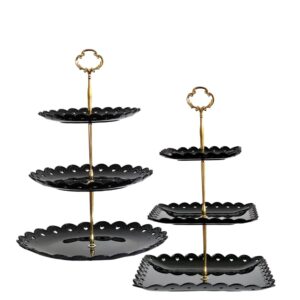 rauvolfia 2 pack of large round & square dessert cupcake stand, 3 tier cup cake holder tower for tea party/birthday/wedding, plastic tiered serving tray (black)