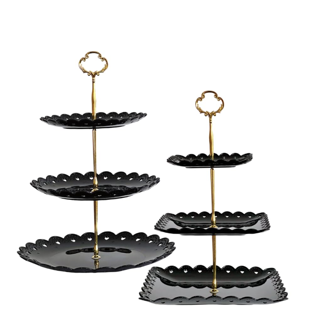 RAUVOLFIA 2 Pack of Large Round & Square Dessert Cupcake Stand, 3 Tier Cup Cake Holder Tower for Tea Party/Birthday/Wedding, Plastic Tiered Serving Tray (Black)