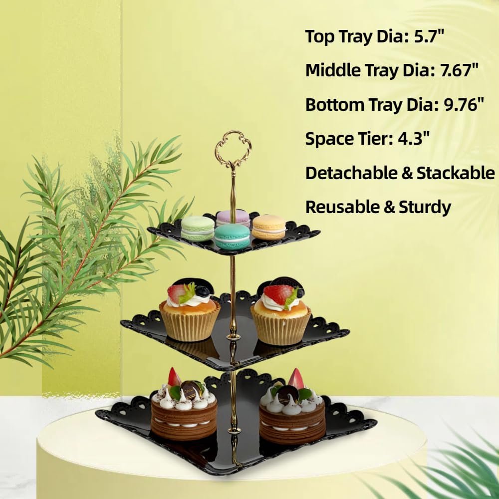 RAUVOLFIA 2 Pack of Large Round & Square Dessert Cupcake Stand, 3 Tier Cup Cake Holder Tower for Tea Party/Birthday/Wedding, Plastic Tiered Serving Tray (Black)