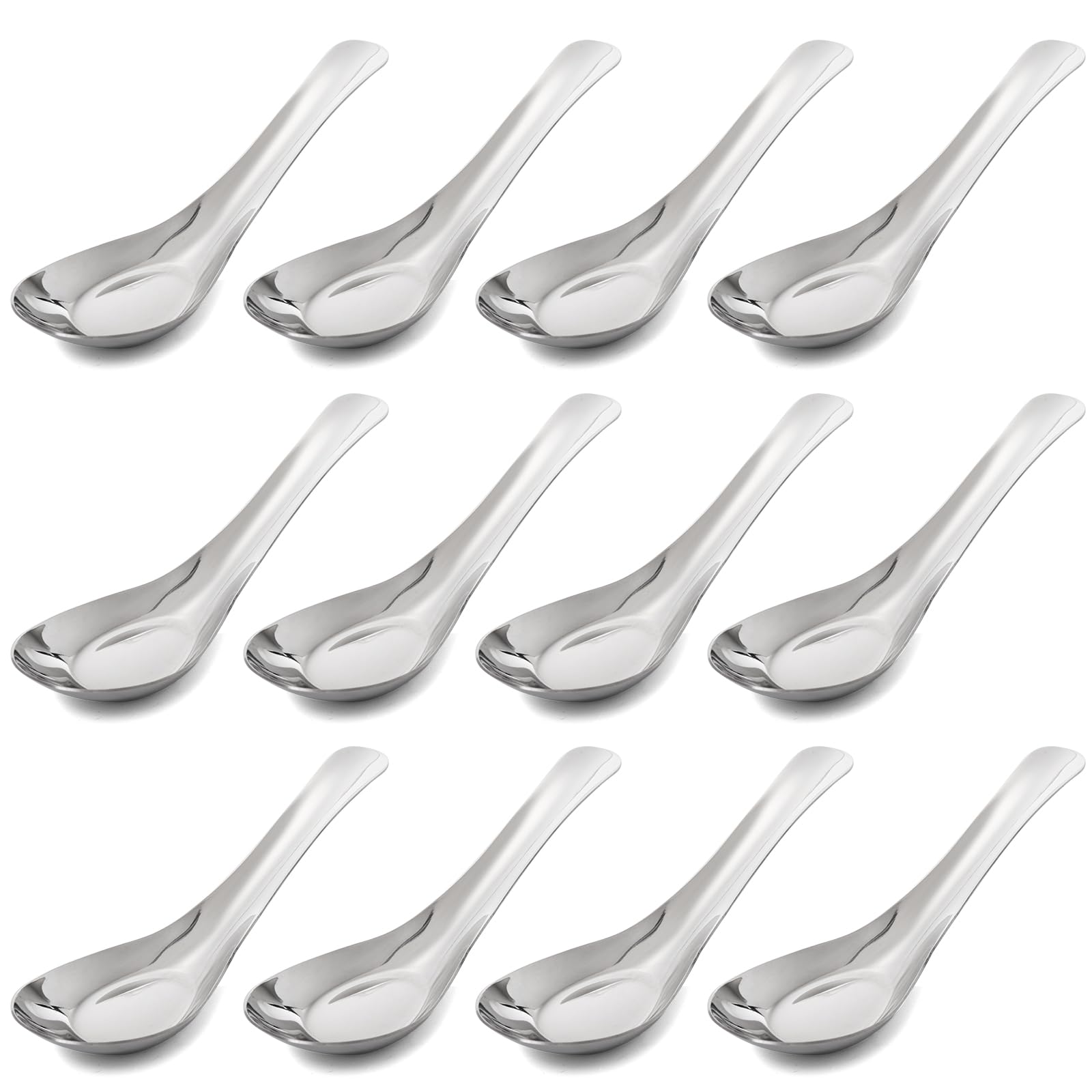 Suwimut Set of 12 Soup Spoons, 5.5 Inch 18/8 Stainless Steel Dinner Spoons Chinese Soup Spoons, Mirror Polished Asian Soup Spoons Silverware for Bouillon, Dessert, Cereal, Wonton, Ramen, Dumpling