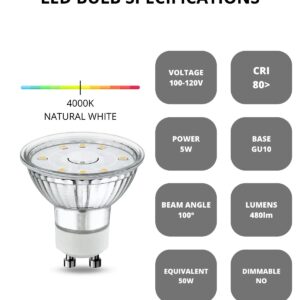 NUOVA GERMANY GU10 LED Light Bulbs Non-Dimmable, 4000K Natural White GU10 Bulb, 5W LED Bulbs with 100°Flood Beam Lighting for Kitchen, Range Hood, Living Room, Bedroom, 6 Pack