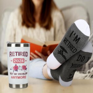 Retirement Gifts for Women- Retired 2024 Not My Problem Anymore Gift Baskets Happy Retirement Gifts for Her Female Colleague Leader Boss Teacher Mom Nurse Friend Coworker Retirement Tumbler Set