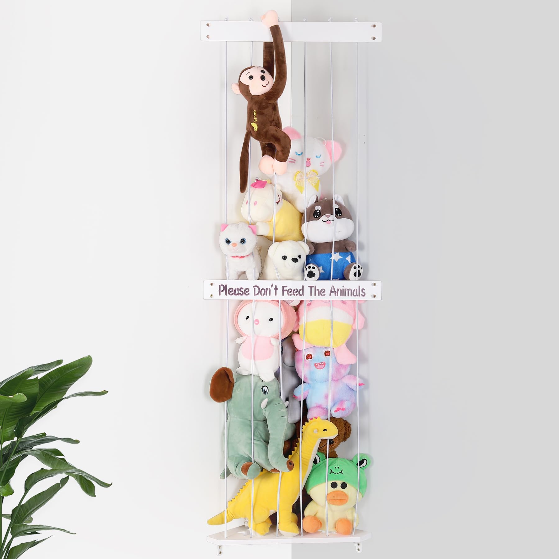 Stuffed Animal Storage Soft Toy Organizer, Kids Room Stuffed Animal Holder Zoo with Adjustable Length Large Corner Plush Toy Shelf Wall Hanging Storage for Nursery Playroom Bedroom (White Cord)