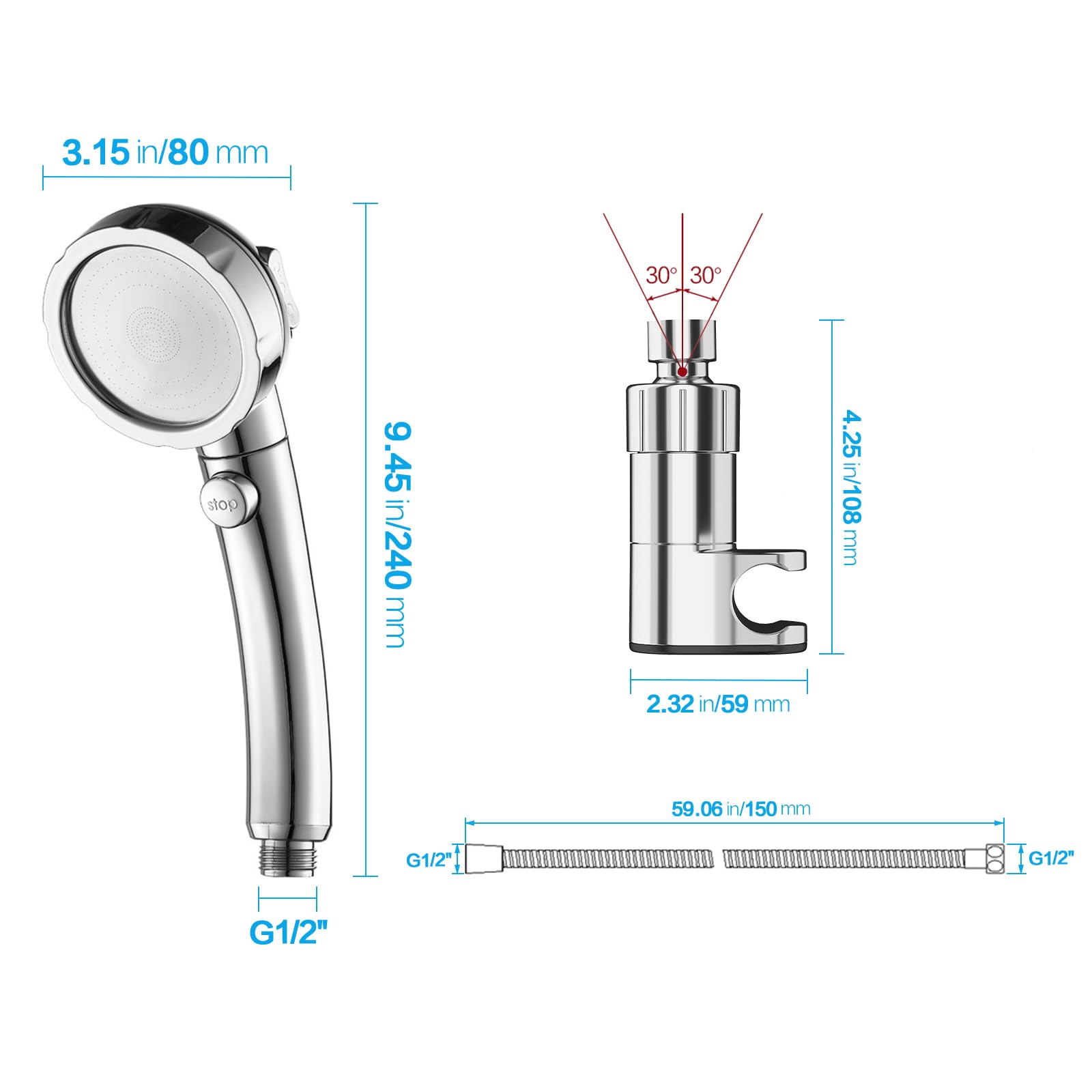 KAIYING High Pressure Shower Heads with Shower Thermometer, 3 Spray Hand Held Shower Head with On Off Switch, Detachable RV Shower with Hose and LED Temperature Display Bracket, Chrome