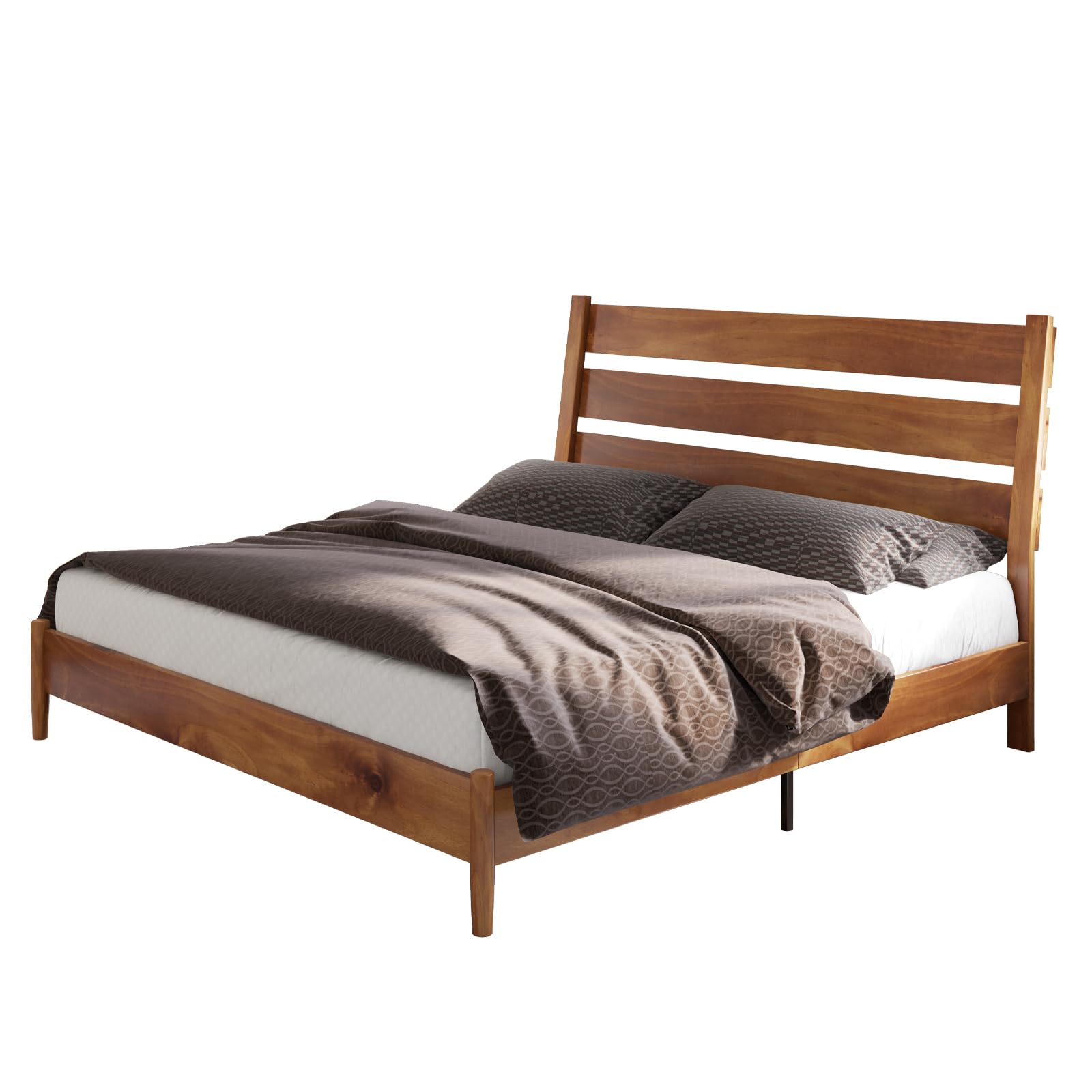 AMERLIFE King Size Solid Wood Bed Frame, Mid Century Platform Bed with Reclining Slatted Headboard, Wood Slat Support,No Box Spring Needed, Noise Free, Light Brown