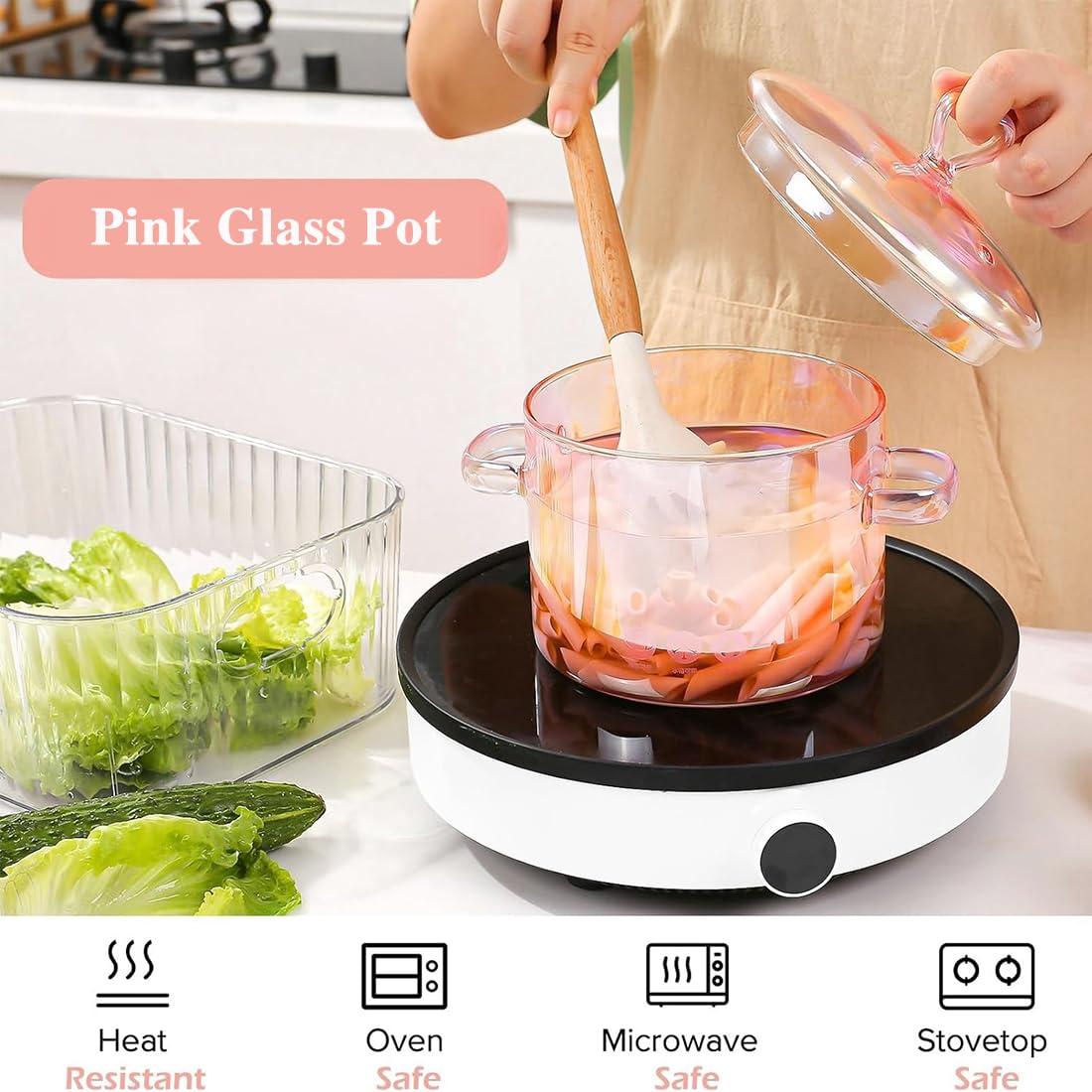 Pink Glass Saucepan, 2000ML/67OZ Glass Cooking Pot, Heart Shaped Clear Glass Stockpot with Lid for Soup, Milk, Baby Food, Noodle, Vegetable Soup Salad