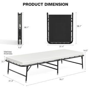 Rollaway Bed, 75" Folding Bed Sturdy Metal Frame Folding Guest Bed with Memory Foam Mattress for Bedroom, Office, Camp, No Assembly Required