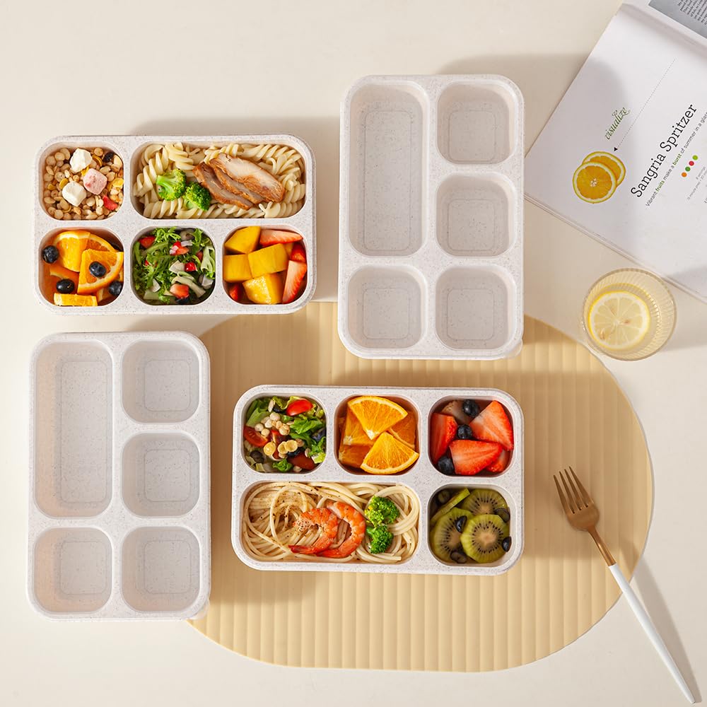 Lezuoey Adult Lunch Box, Snack Box, 4 Pack 5 Compartment Meal Prep Containers Reusable Wheat Straw Bento Box Lunchable Container Food Storage Prep Containers for School, Work and Travel