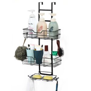 over the door shower caddy, hanging storage rack, shower basket with suction cup, over door bathroom shower organizer hanging with hooks and soap holder, no drilling (3-layer, black)