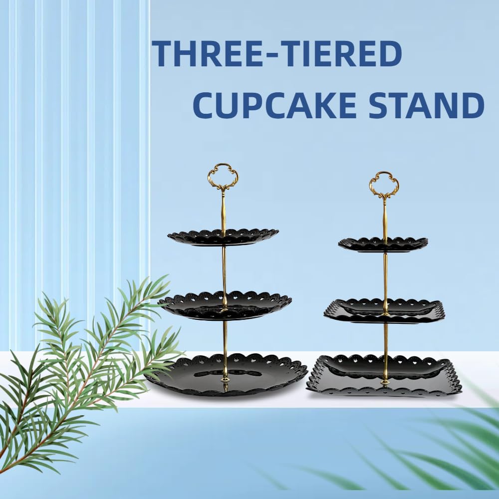 RAUVOLFIA 2 Pack of Large Round & Square Dessert Cupcake Stand, 3 Tier Cup Cake Holder Tower for Tea Party/Birthday/Wedding, Plastic Tiered Serving Tray (Black)