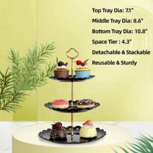 RAUVOLFIA 2 Pack of Large Round & Square Dessert Cupcake Stand, 3 Tier Cup Cake Holder Tower for Tea Party/Birthday/Wedding, Plastic Tiered Serving Tray (Black)